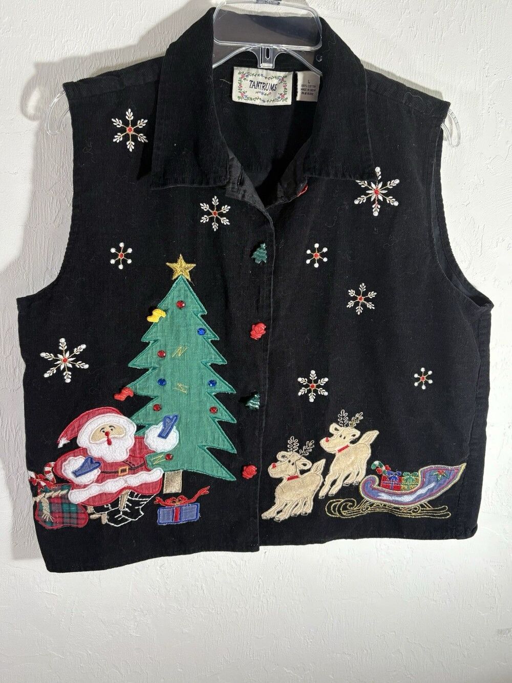 Tantrums Christmas Large Women Embroidery Jewels Black Vest Tree Santa Reindeer